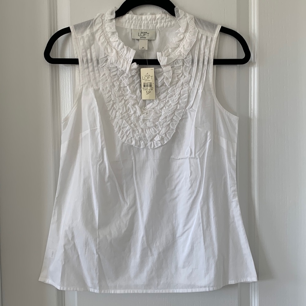 NWT LOFT 100% Cotton Ruffles and Pleats V-Neck Sleeveless Top